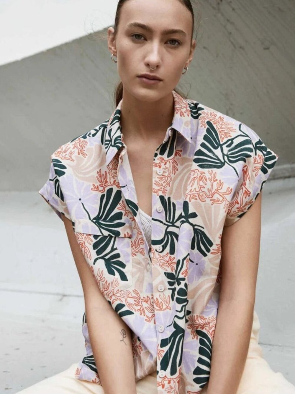 Eve Gravel Bouquet Print Lotus Short Sleeve Shirt M Linen Blend